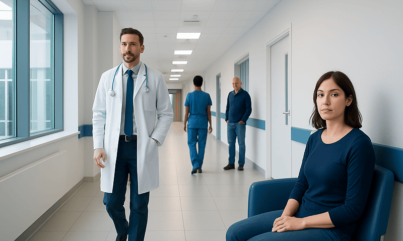 Medical professionals and patient in hospital corridor at Acibadem Hospitals Group.