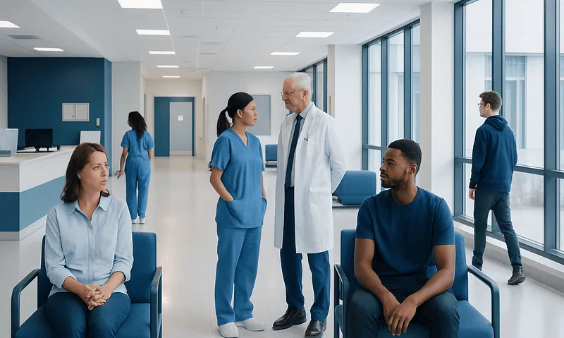 Hospital waiting area with medical staff and patients.