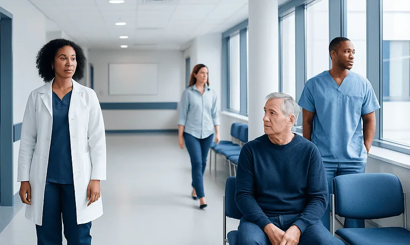 Medical consultation in a hospital corridor with healthcare professionals and patient.