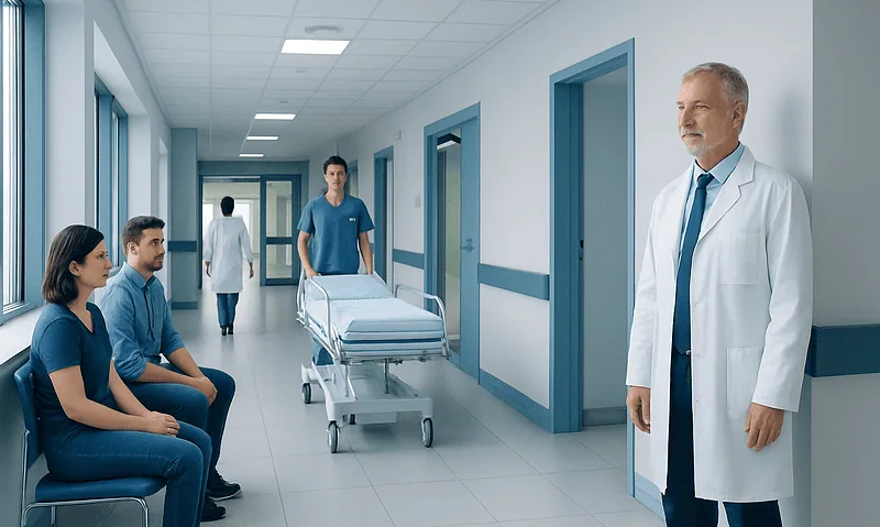 Hospital corridor with medical staff and patients waiting and being attended to.