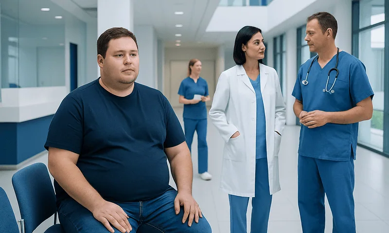 Patient waiting in hospital corridor with medical staff nearby.