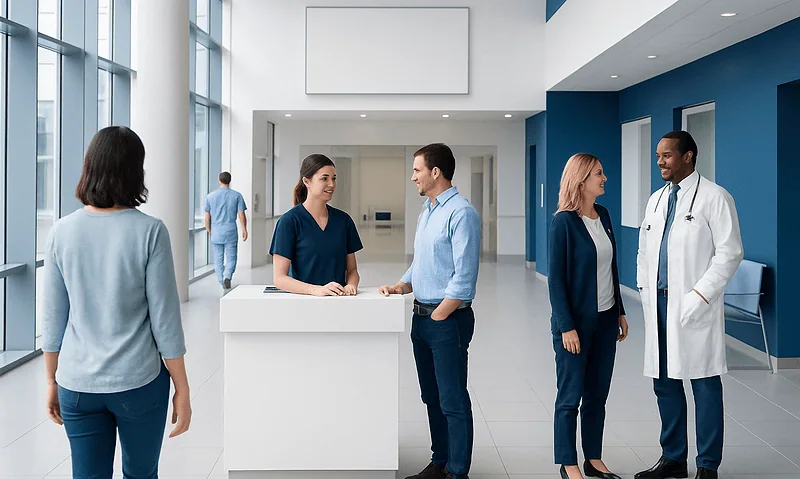 Hospital reception area with staff and patients engaging.