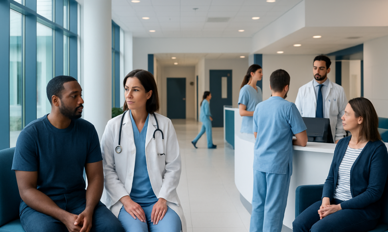 Hospital waiting area with patients and medical staff.