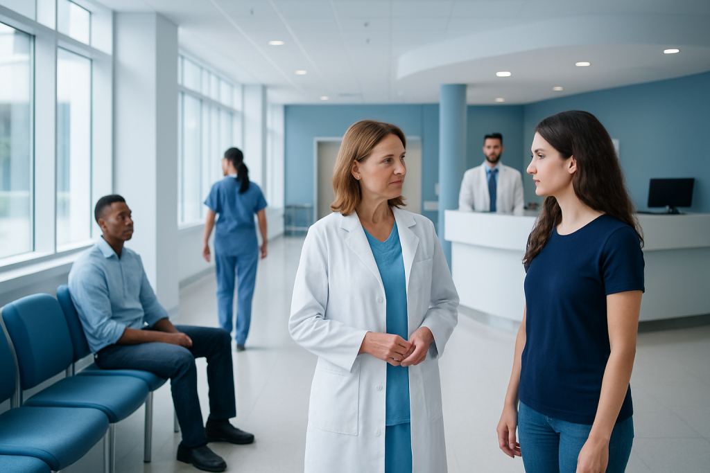 Can Antibiotics Cause Yeast Infection? Causes, Explanations, and Next Steps 1 Doctor talking to patient in hospital corridor with waiting area.