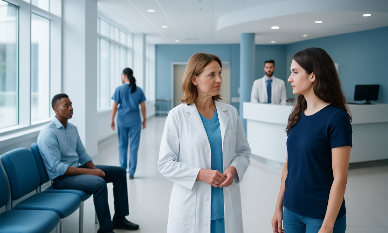 Doctor talking to patient in hospital corridor with waiting area.