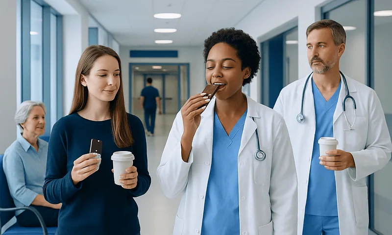 Doctors and patients in a hospital corridor enjoying coffee and snacks.