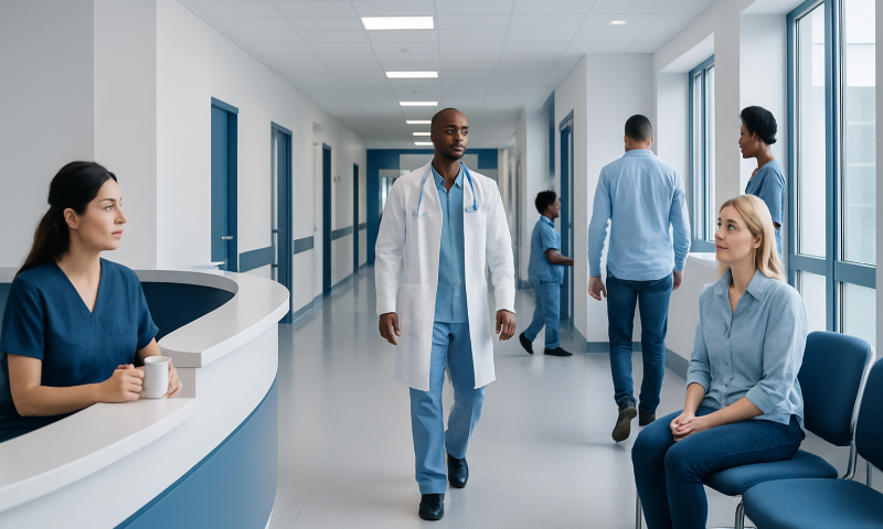 Healthcare professionals and patients in a modern hospital corridor.