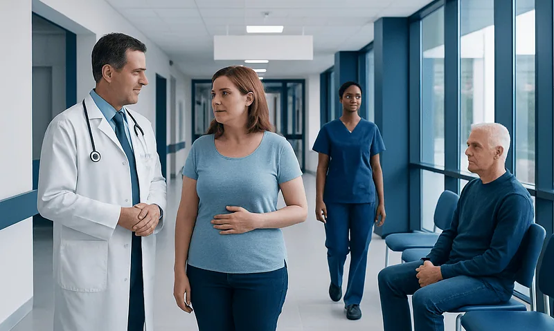 Doctor consulting pregnant woman in hospital corridor with staff and patient.