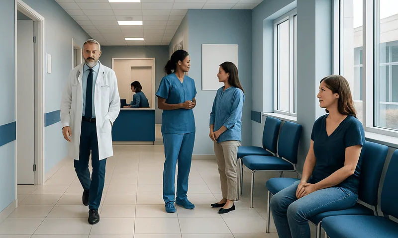 Healthcare professionals and patient in a hospital corridor at Acibadem Hospitals Group.