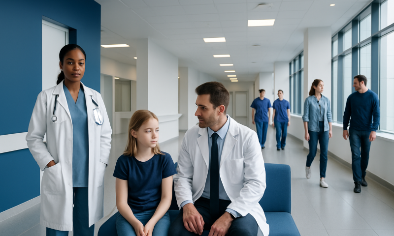 Doctor consulting young girl in hospital corridor with medical staff nearby.