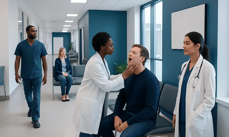 Doctor examining patient's throat in a hospital corridor.