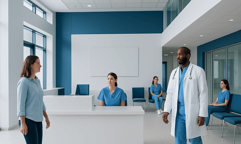 Medical staff and patient in modern hospital reception area.