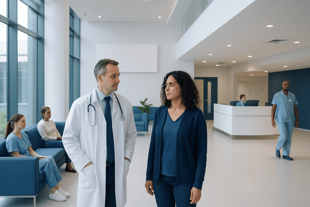 Zucchini vs Cucumber: Key Differences and How Doctors Tell Them Apart 1 Doctor talking to a patient in a modern hospital lobby.