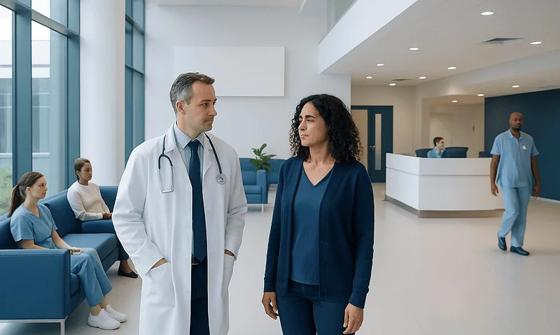 Doctor talking to a patient in a modern hospital lobby.