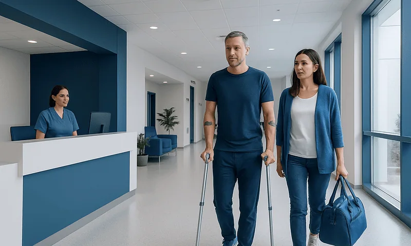 Patient walking with crutches in hospital corridor at Acibadem Hospitals Group.