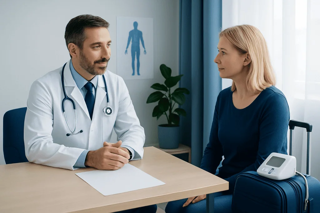 Doctor consulting with a female patient in a medical office setting.