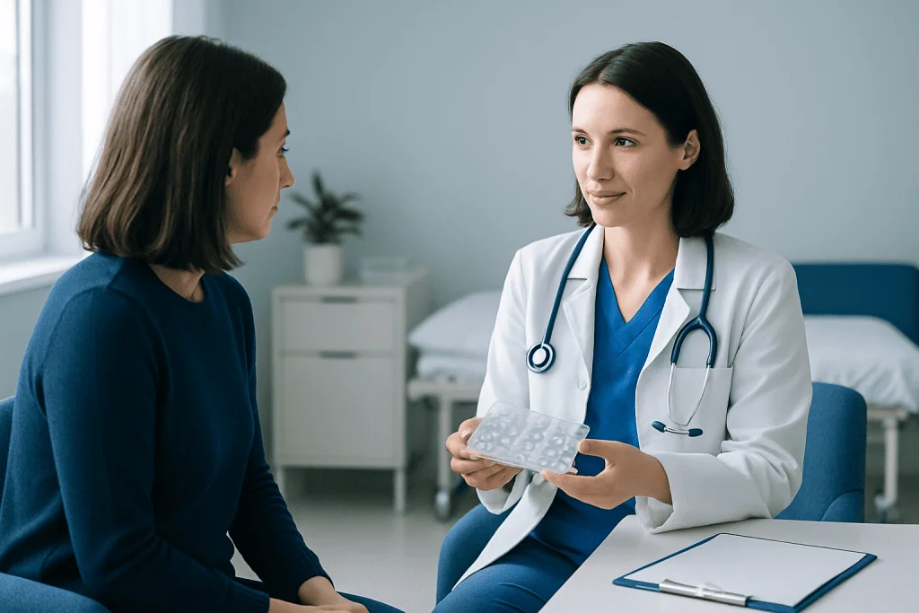 Doctor consulting with a patient in a hospital room.