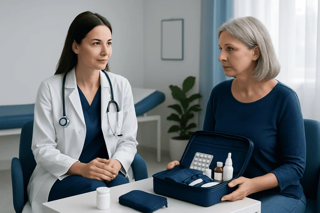 Doctor consulting with a patient about post-treatment medication in a clinic.