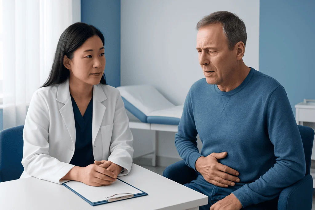 Doctor consulting with male patient about hemorrhoid symptoms in clinic.