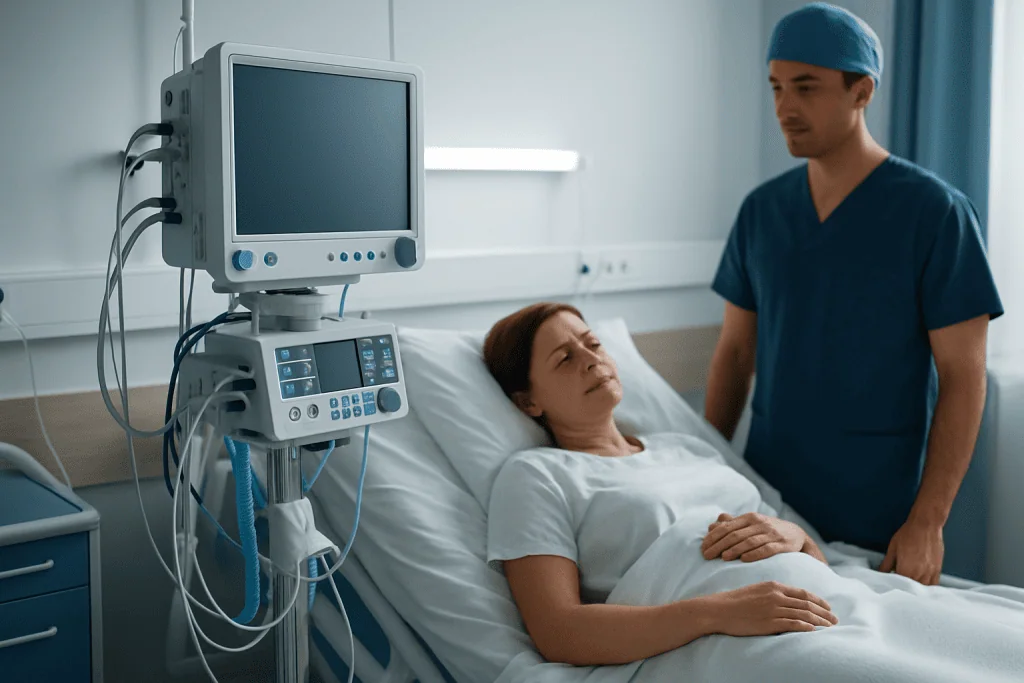 Hospital room with patient and nurse after surgery at Acibadem Hospitals Group.