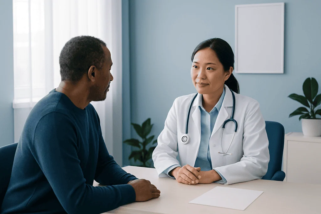 Doctor consulting with a patient in a modern medical office.