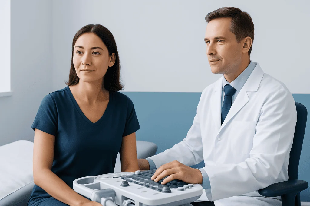 Doctor performing ultrasound exam on female patient in clinic.