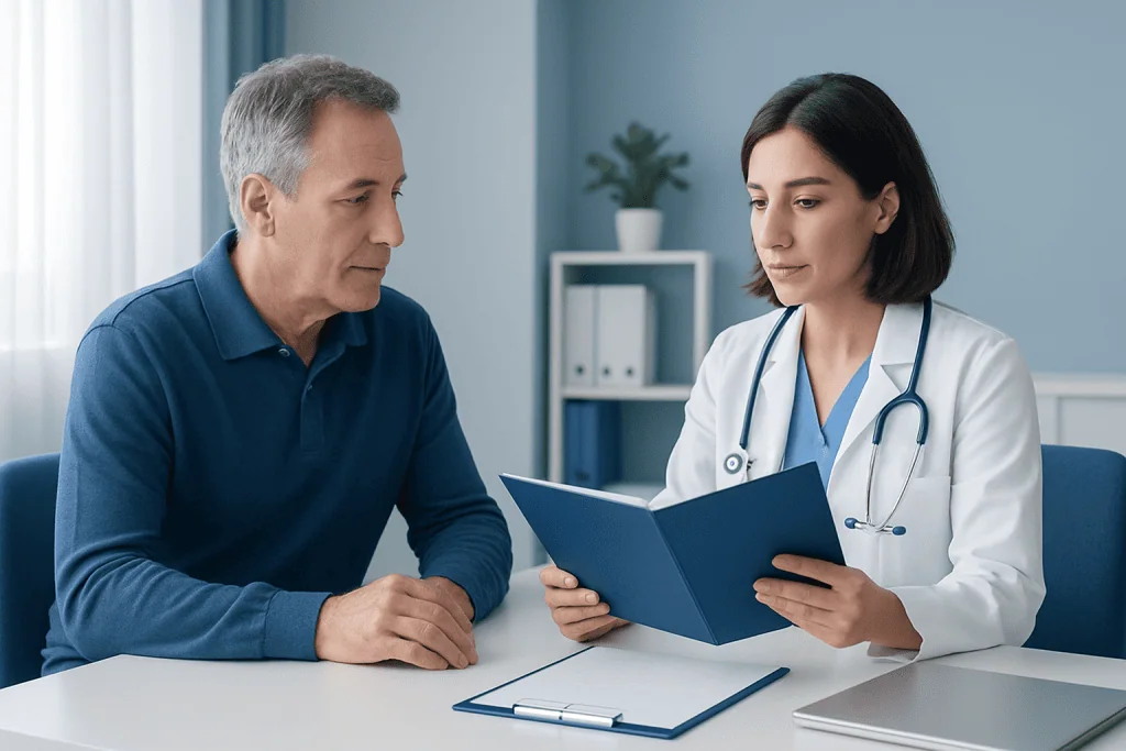 Doctor consulting with a patient in a medical office setting.