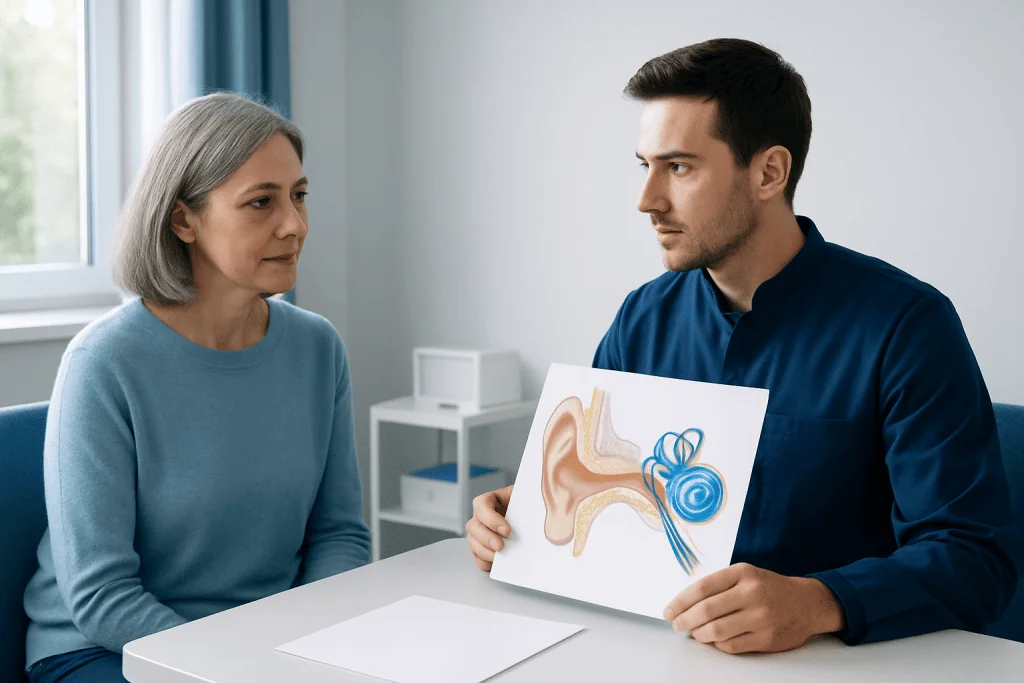 Audiologist explaining cochlea diagram to patient in a clinic setting.