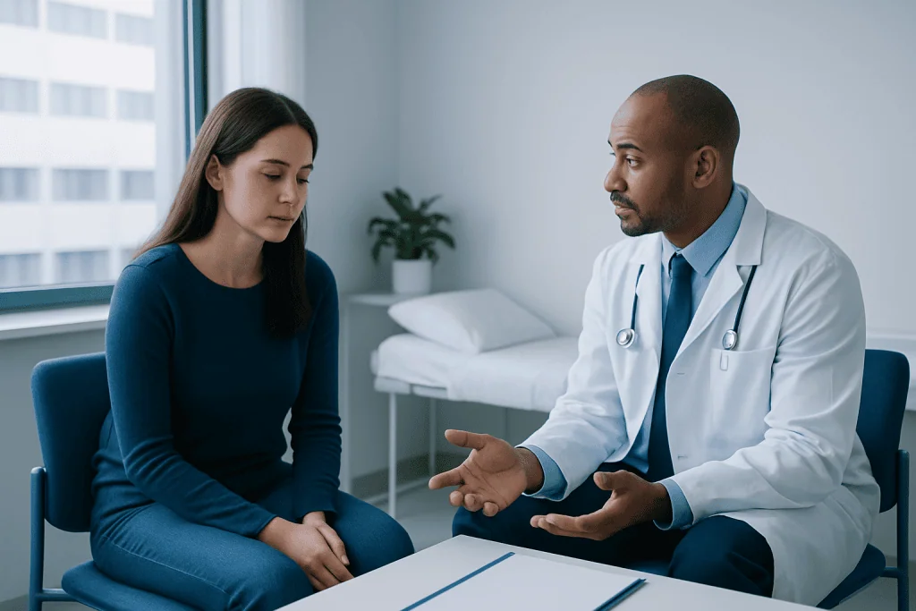 Doctor consulting with a patient in a medical office setting.
