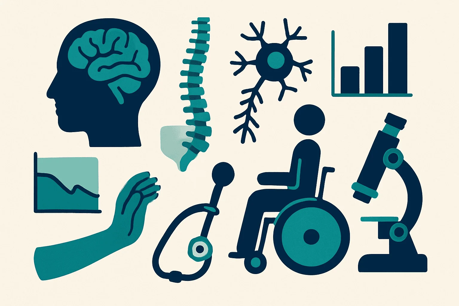 Medical illustration of neurological and physical health elements for ALS awareness.