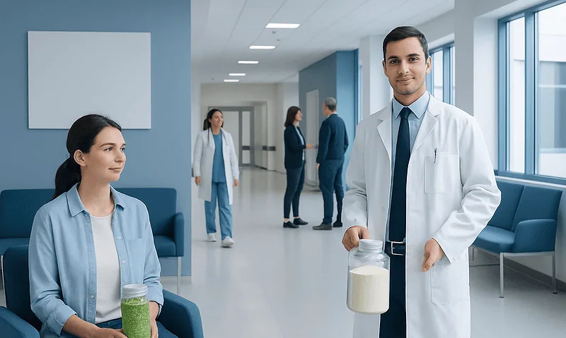 Doctor holding a protein supplement in a hospital corridor with patients nearby.