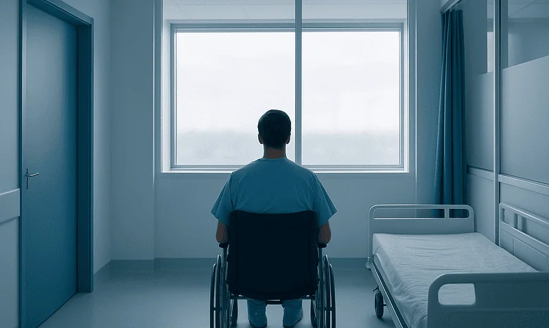 Patient in wheelchair looking out hospital window in a clinical room.