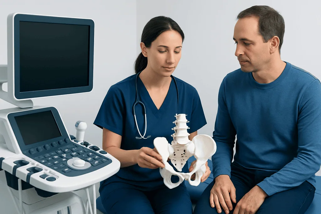 Doctor explaining pelvic anatomy to patient with 3D model at hospital.