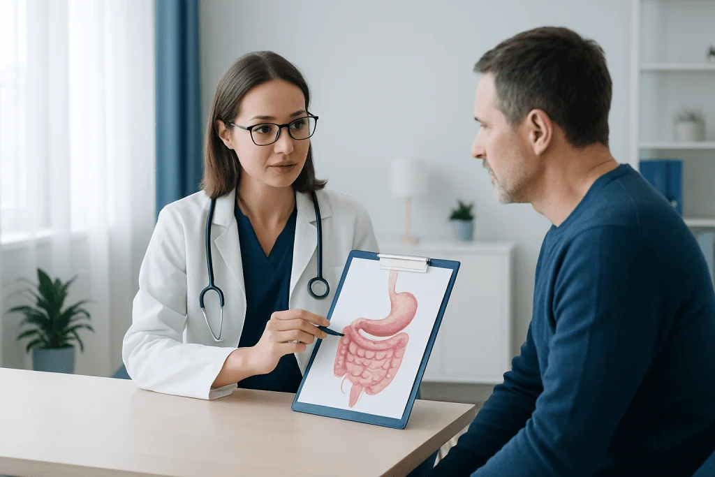 Doctor explaining digestive system to patient with stomach diagram.