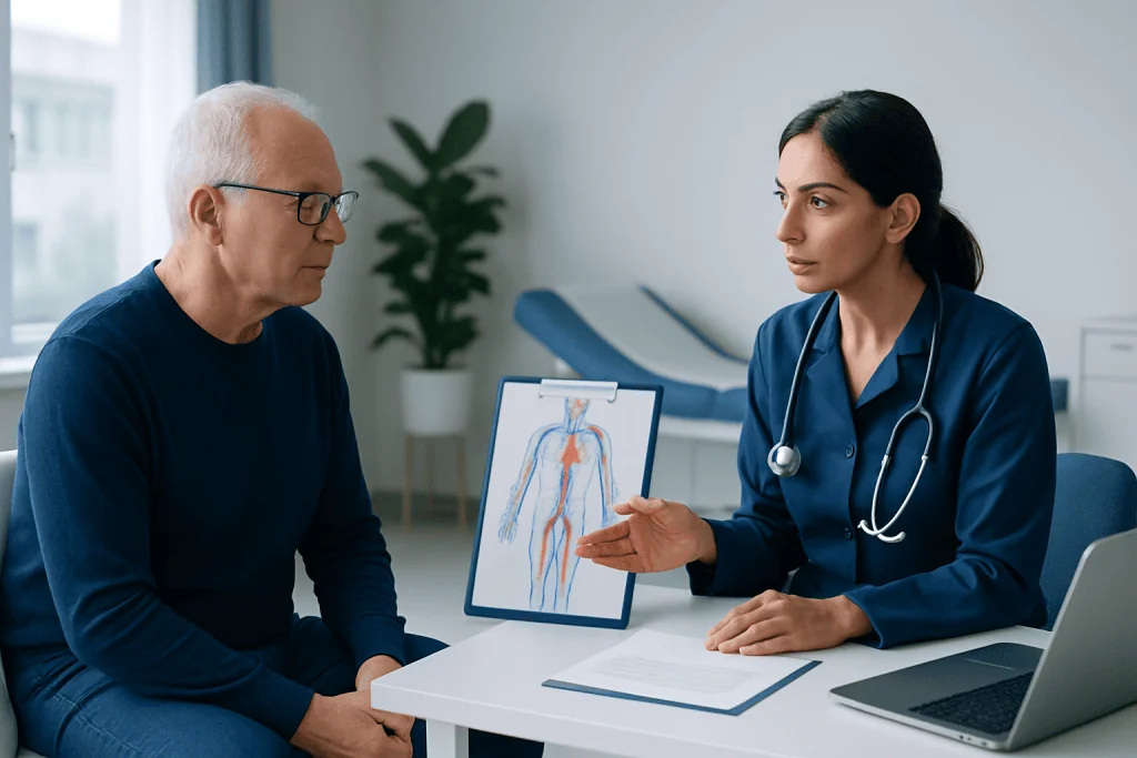 Doctor explaining PVD to an elderly patient in a medical consultation.