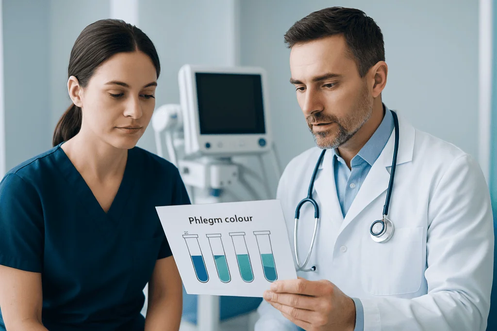 Doctor and nurse reviewing phlegm color chart in medical setting.
