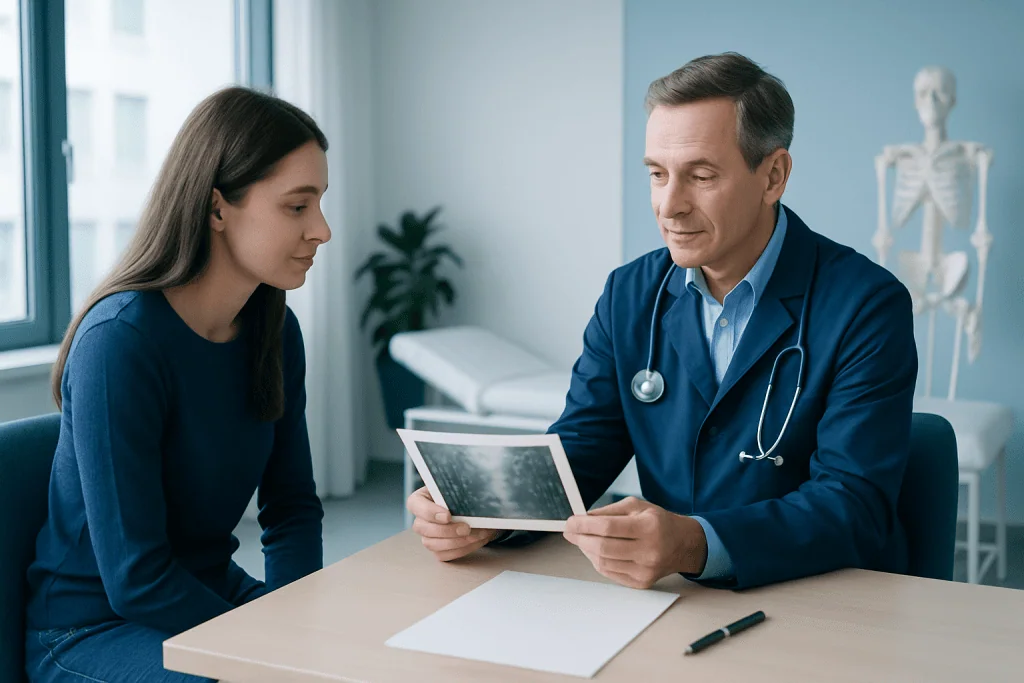 Doctor explaining brain scan results to a young female patient in a medical office.