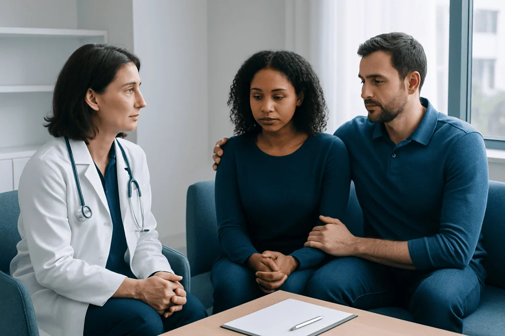 Medical consultation with a doctor and a couple in a modern clinic.