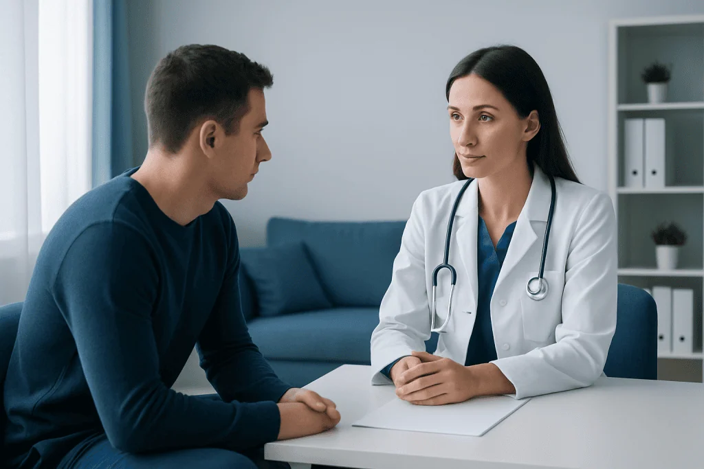 Doctor consulting with a young male patient in a modern clinic setting.