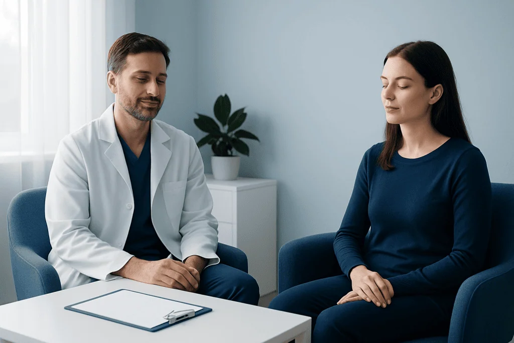 Doctor and patient in consultation at a medical clinic.
