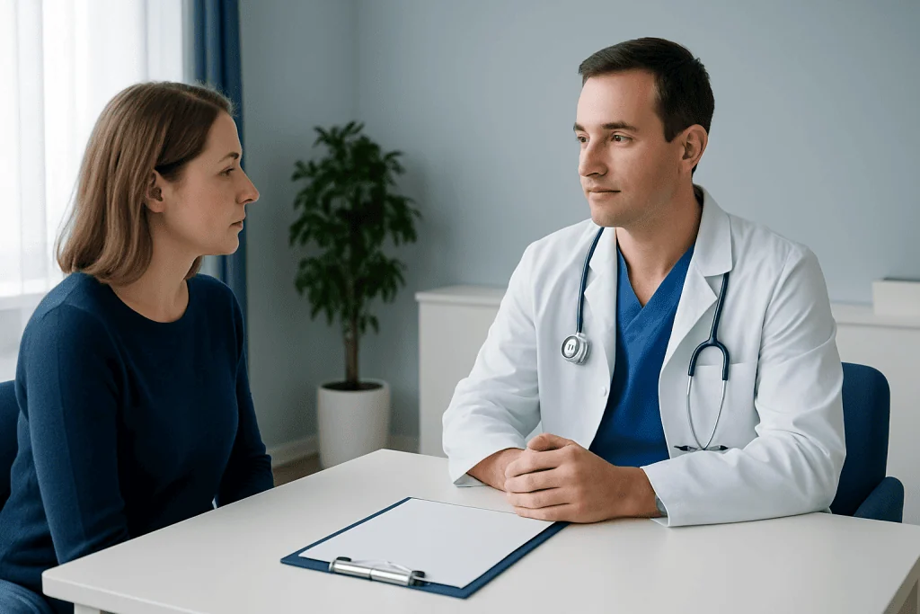 Doctor consulting with a female patient in a medical office setting.