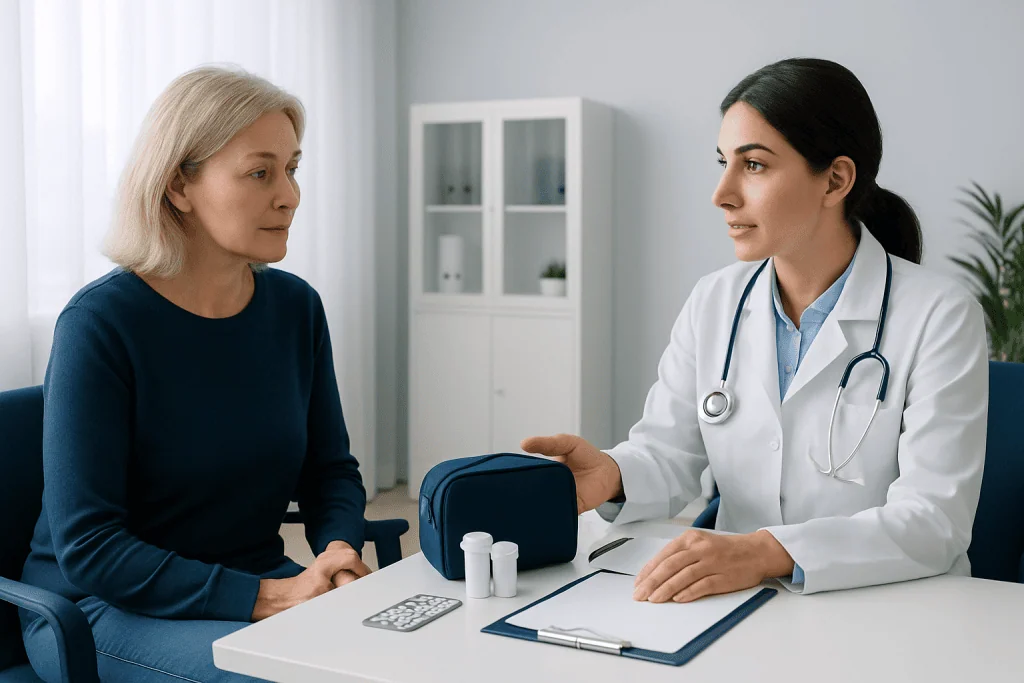 Doctor consulting with a female patient in a medical office setting.