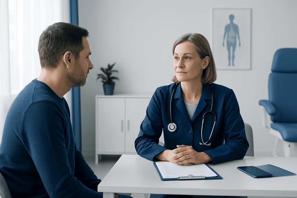 Doctor consulting with patient in a modern hospital room.