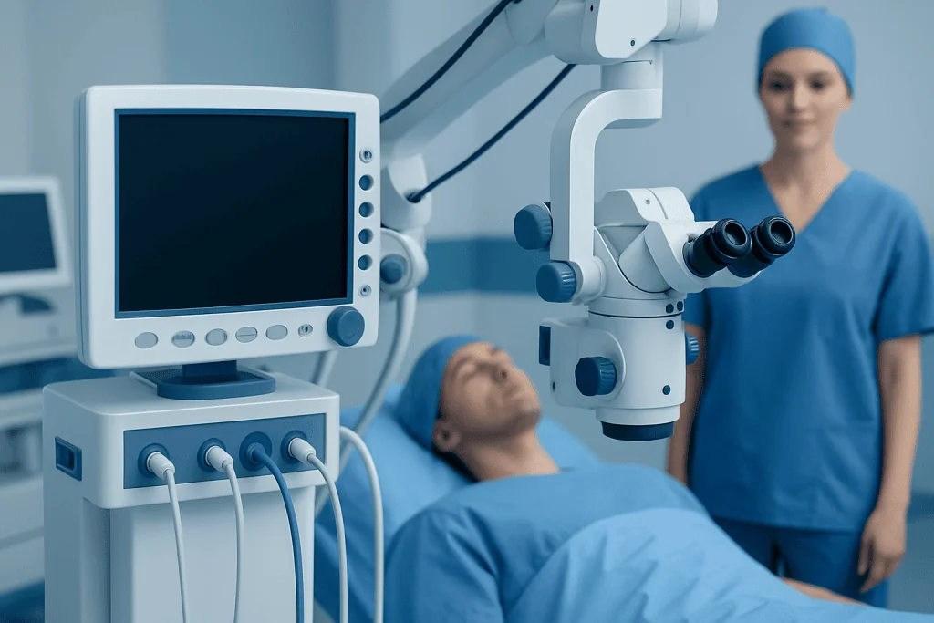 Surgeon preparing for a procedure with advanced medical equipment in an operating room.