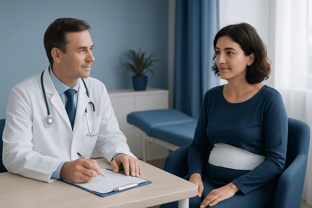 Doctor consulting with a pregnant woman in a hospital room.
