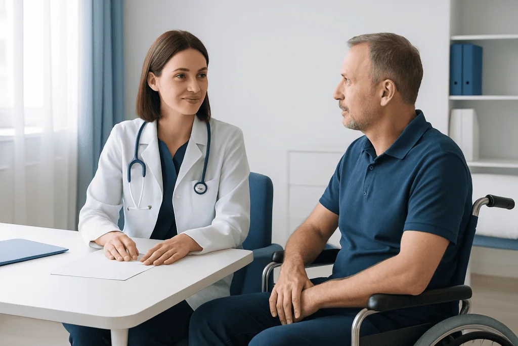 Doctor consulting a patient in a wheelchair in a medical office.