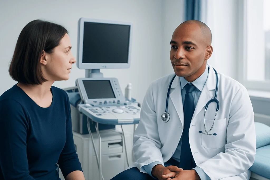 Doctor consulting with a female patient in a medical office.
