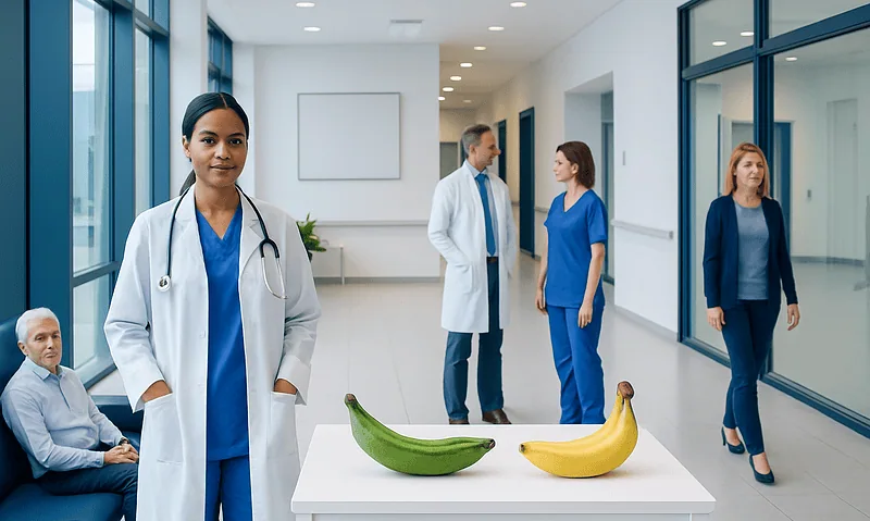 Doctors and patients in a hospital corridor with bananas on a table.