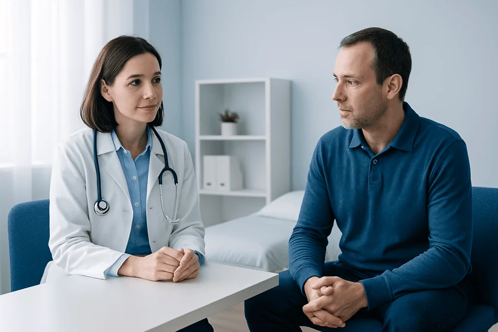 Doctor consulting patient in a clinical setting at Acibadem Hospitals Group.