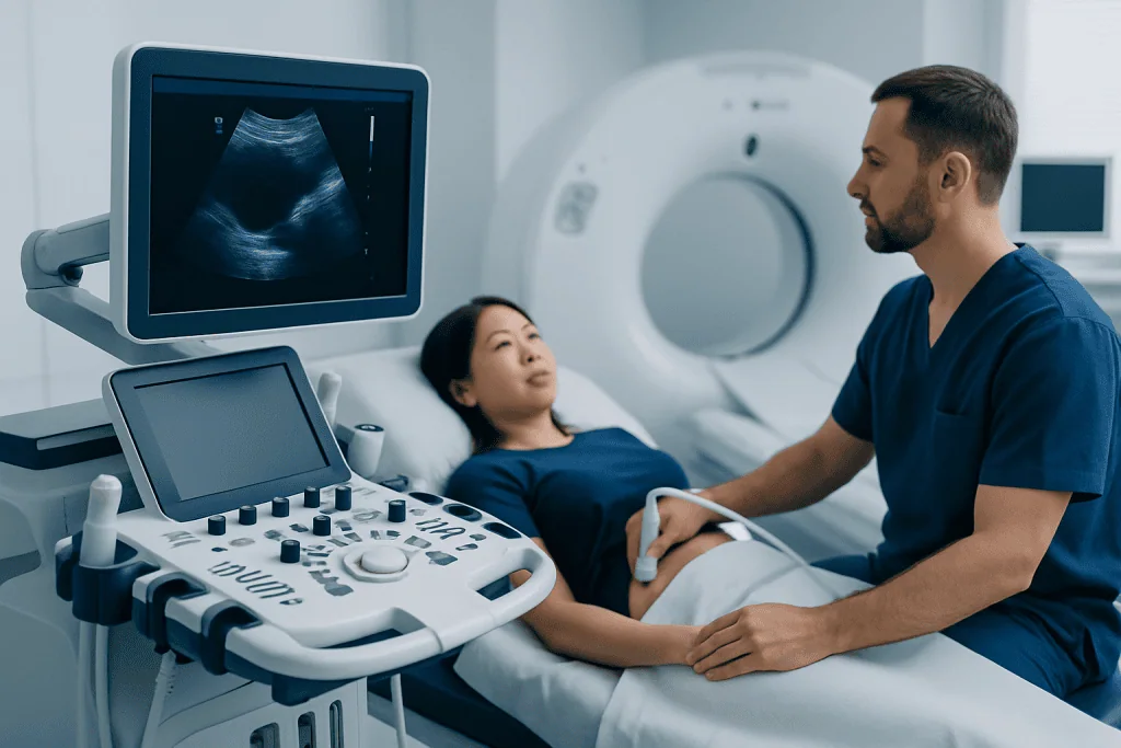Medical professional performing an ultrasound on a patient in a hospital setting.